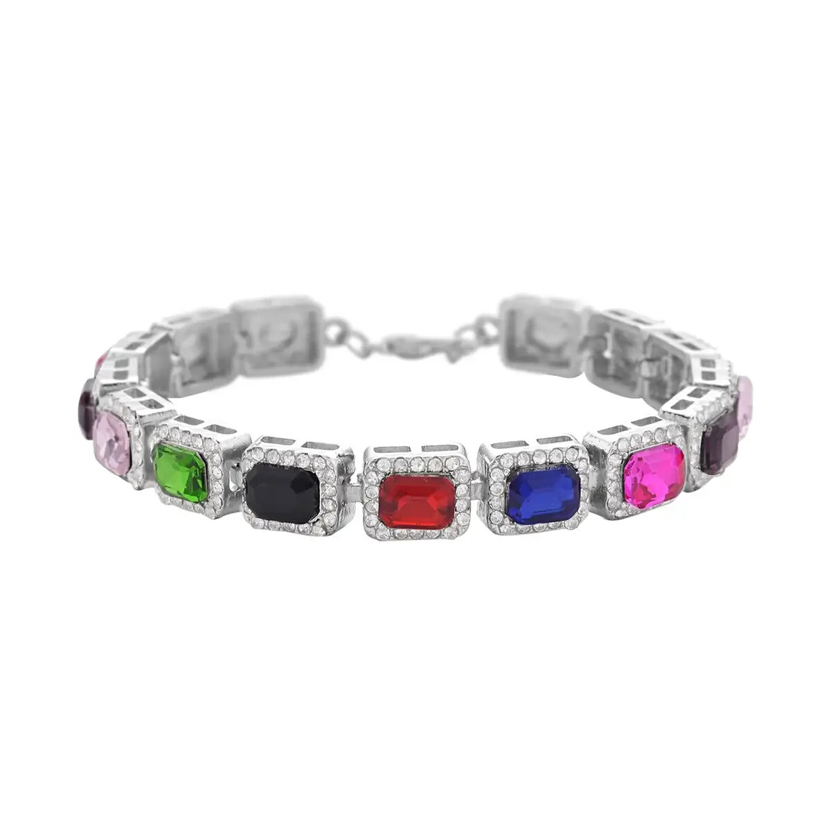 NEW Artisan Multicolor Glass Austrian Crystal Tennis Bracelet 7-9” In Silvertone