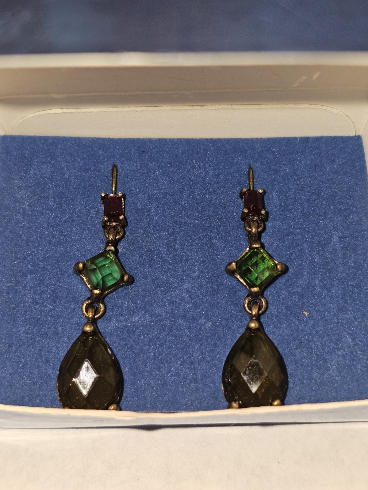 Vintage Avon Geometric Linear Dangle Earrings Bronzetone Purple Green Amber NIB