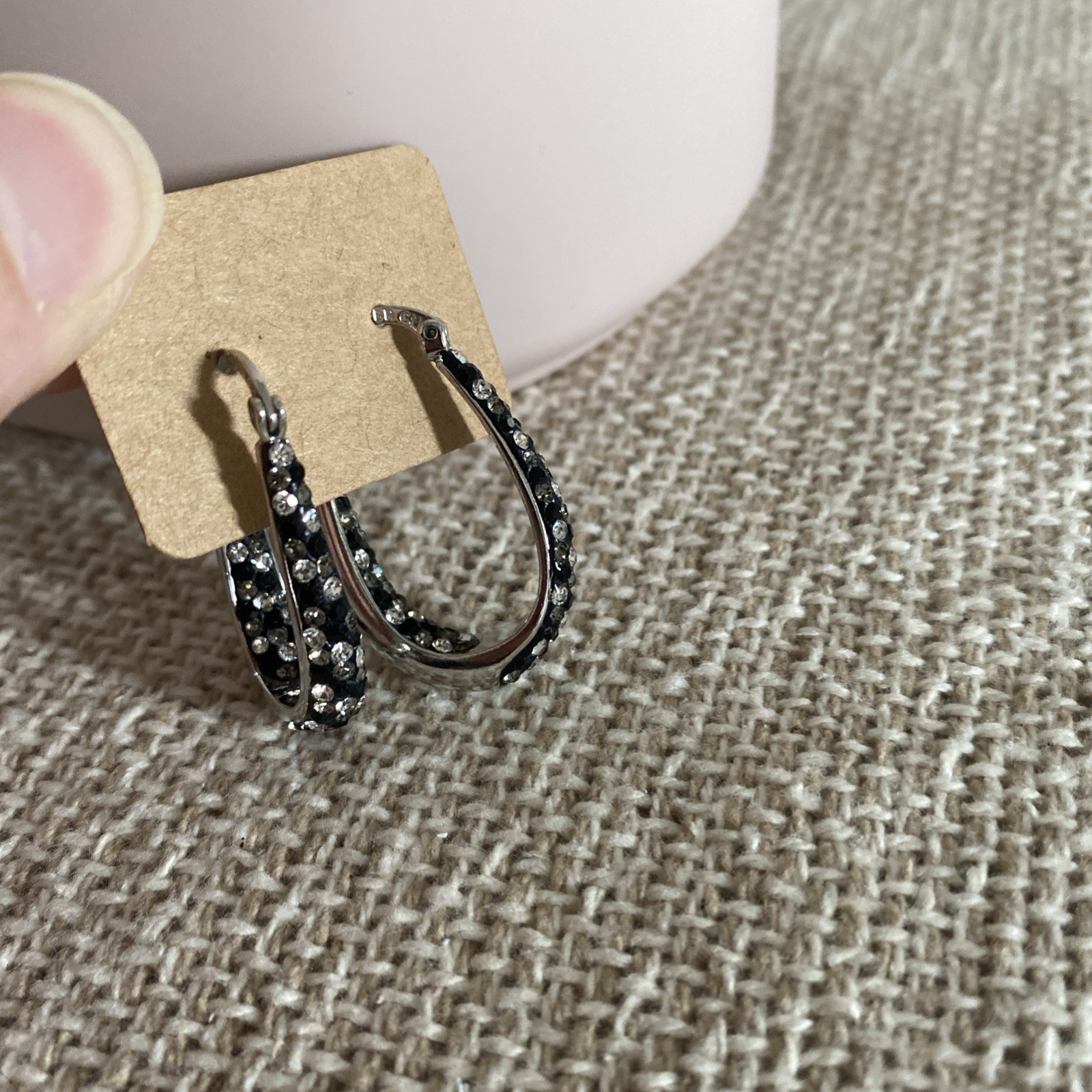 ATI BR CH Earrings Silver Black Gray Rhinestones Oval Hoop Dangle Drop Sparkly