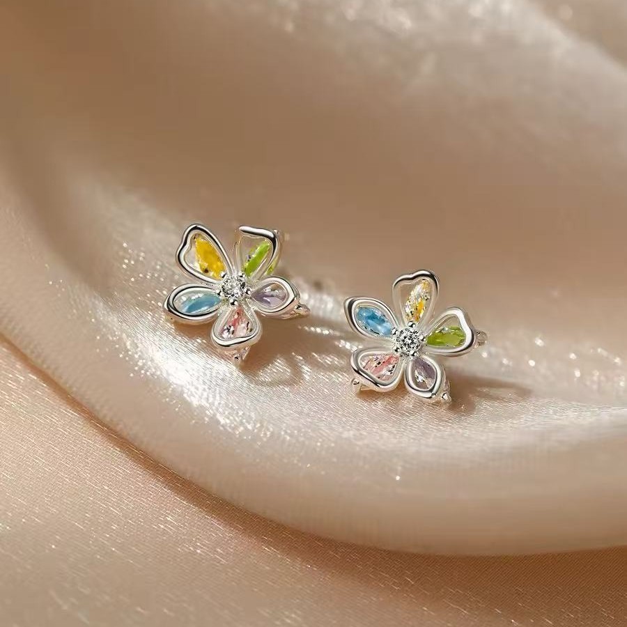 Sparkling Multicolor Petals 3D Flower 925 Sterling Silver Stud Earrings
