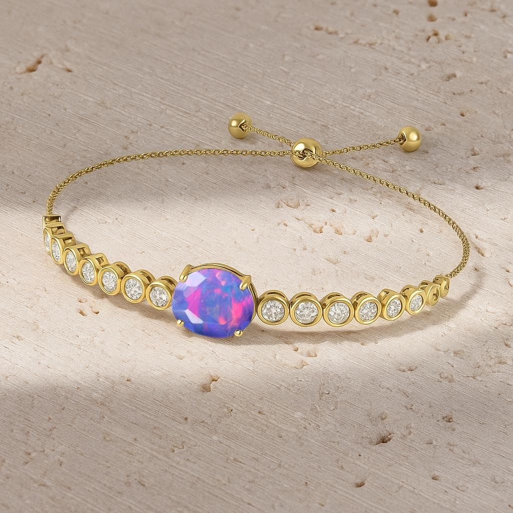 Lavender Fire Opal Gemstone Bolo Bracelet, Opal Gold Adjustable Bracelet Gift