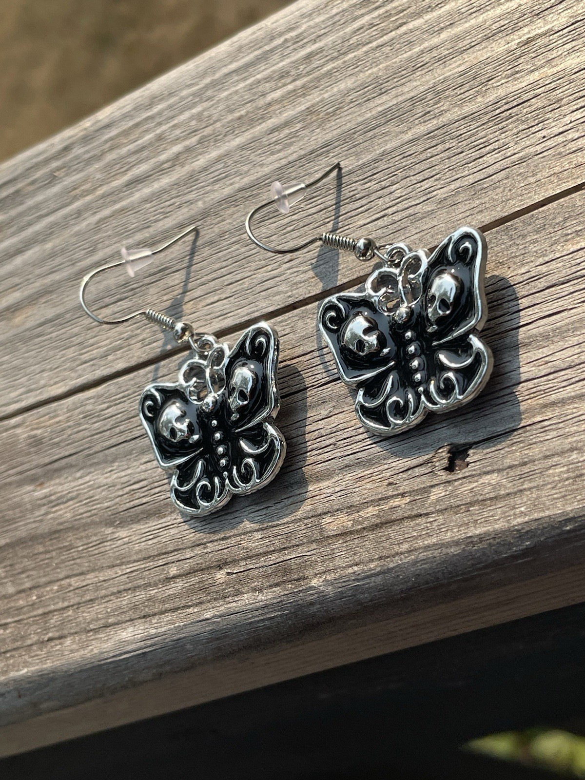 Black And Silver Tone Gothic Metal Butterfly Dangle Drop Hook Earrings No Stone