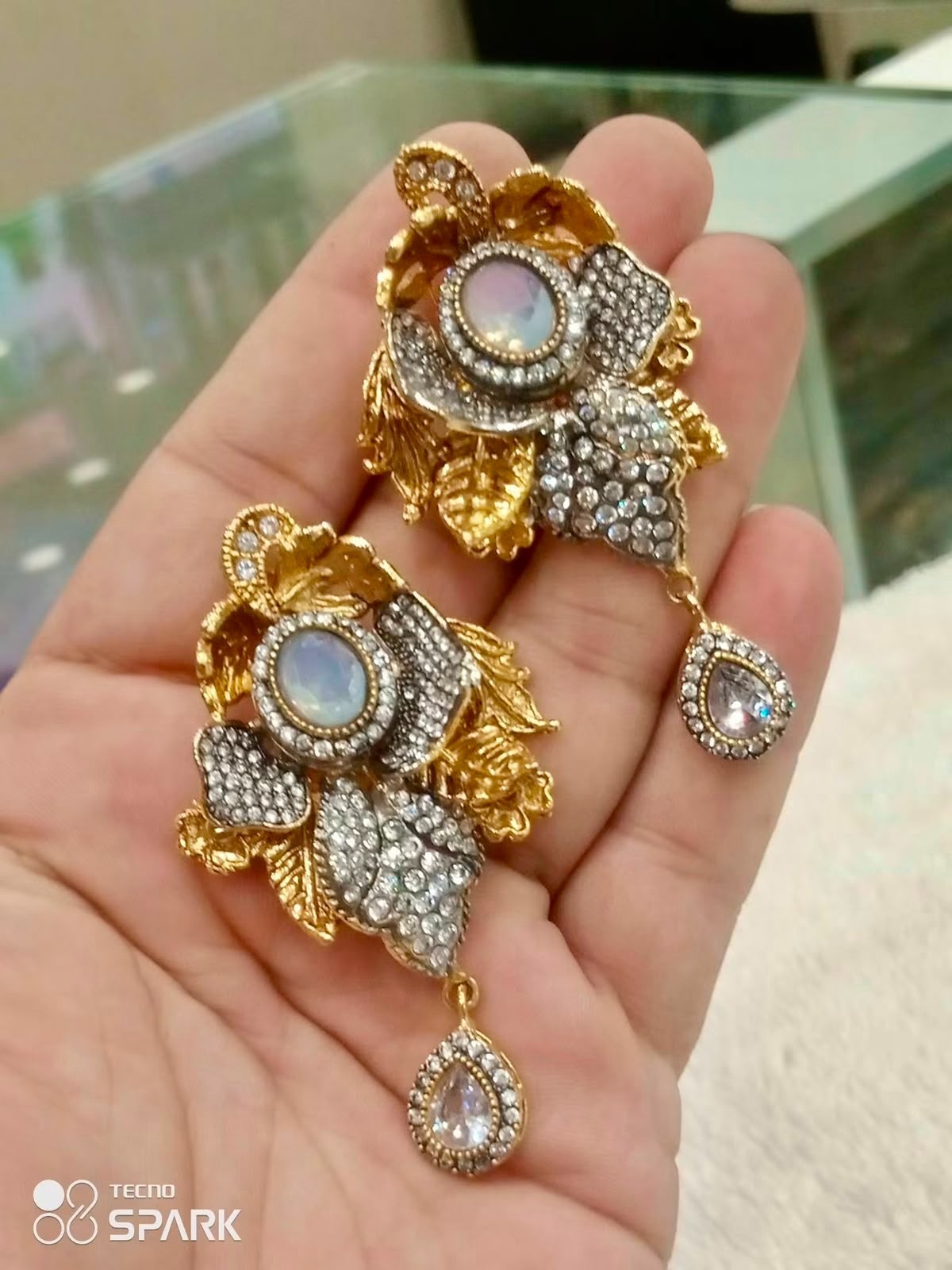 Pakistani Gold Plated Crystal Bridal Earring Flower Dangle Wedding Jewelry
