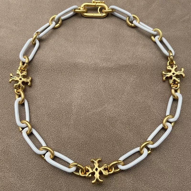 New Burch Gold Tone Roxanne white Chain Necklace Choker with Jewelry Pouch 39cm