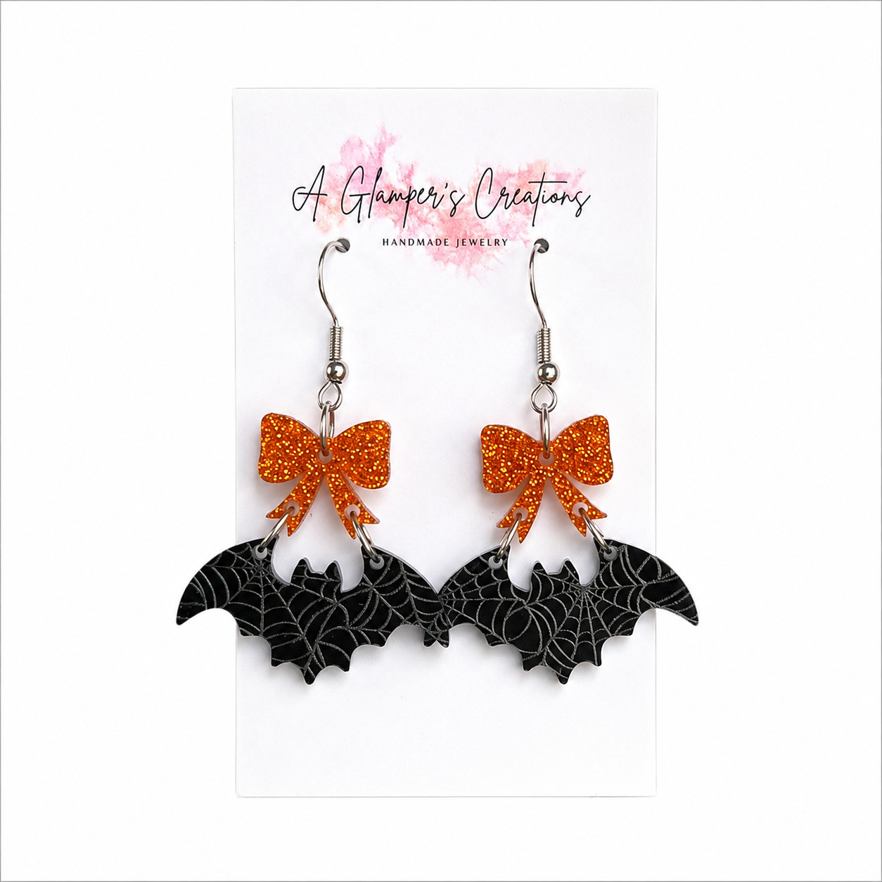 Halloween Earrings Set Acrylic Glitter Bat Cat Pumpkin Black Orange USA Made