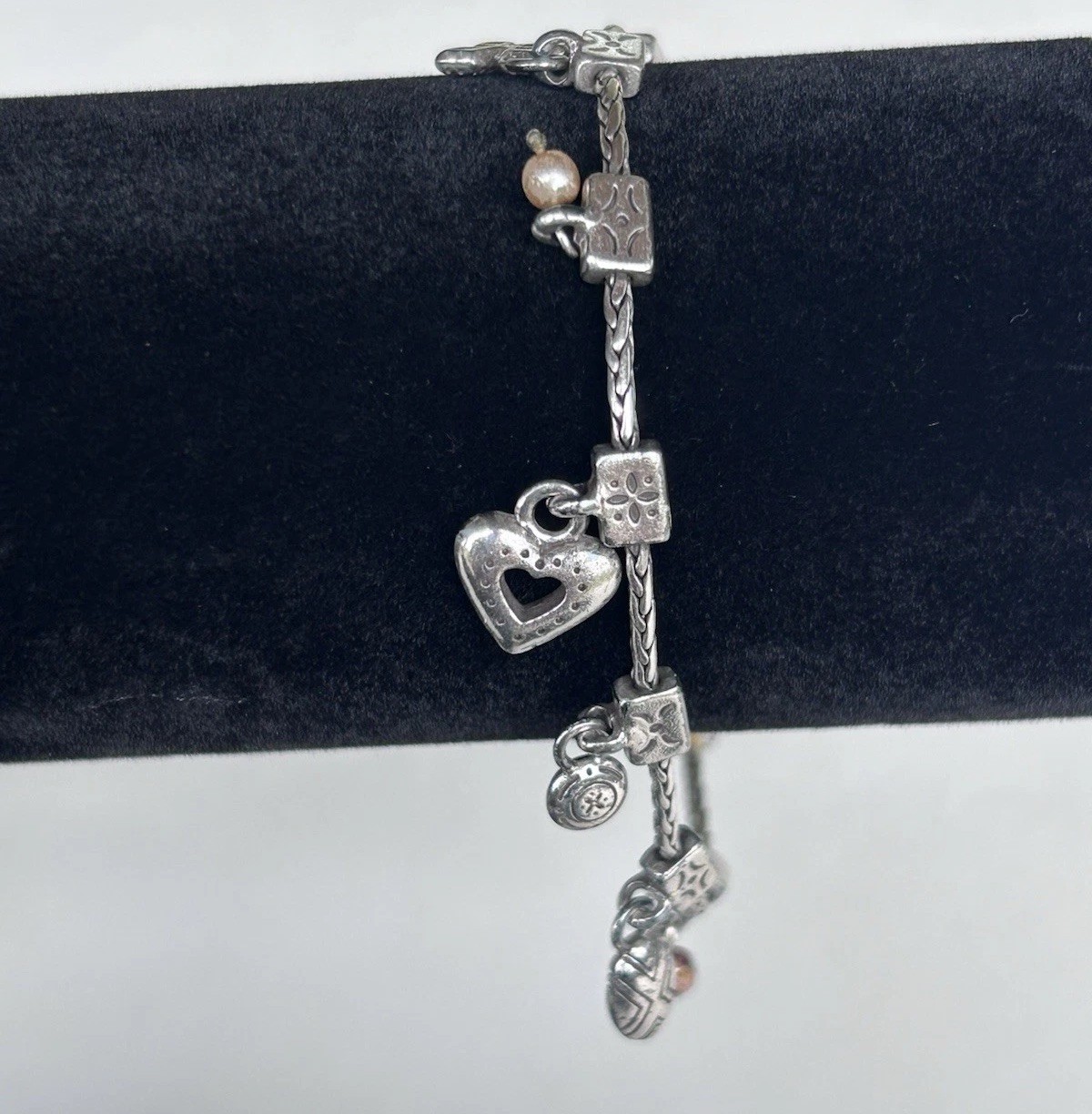 Brighton Amber Heart Retired Vintage Cross Silver Plated Charm Bracelet