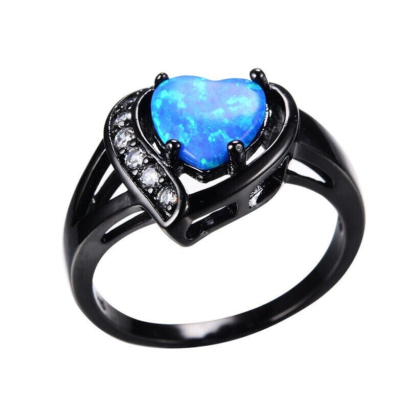 Beautiful Color Enhanced Blue Opalite Heart & 6 Cubic Zerconia Ring Size 10