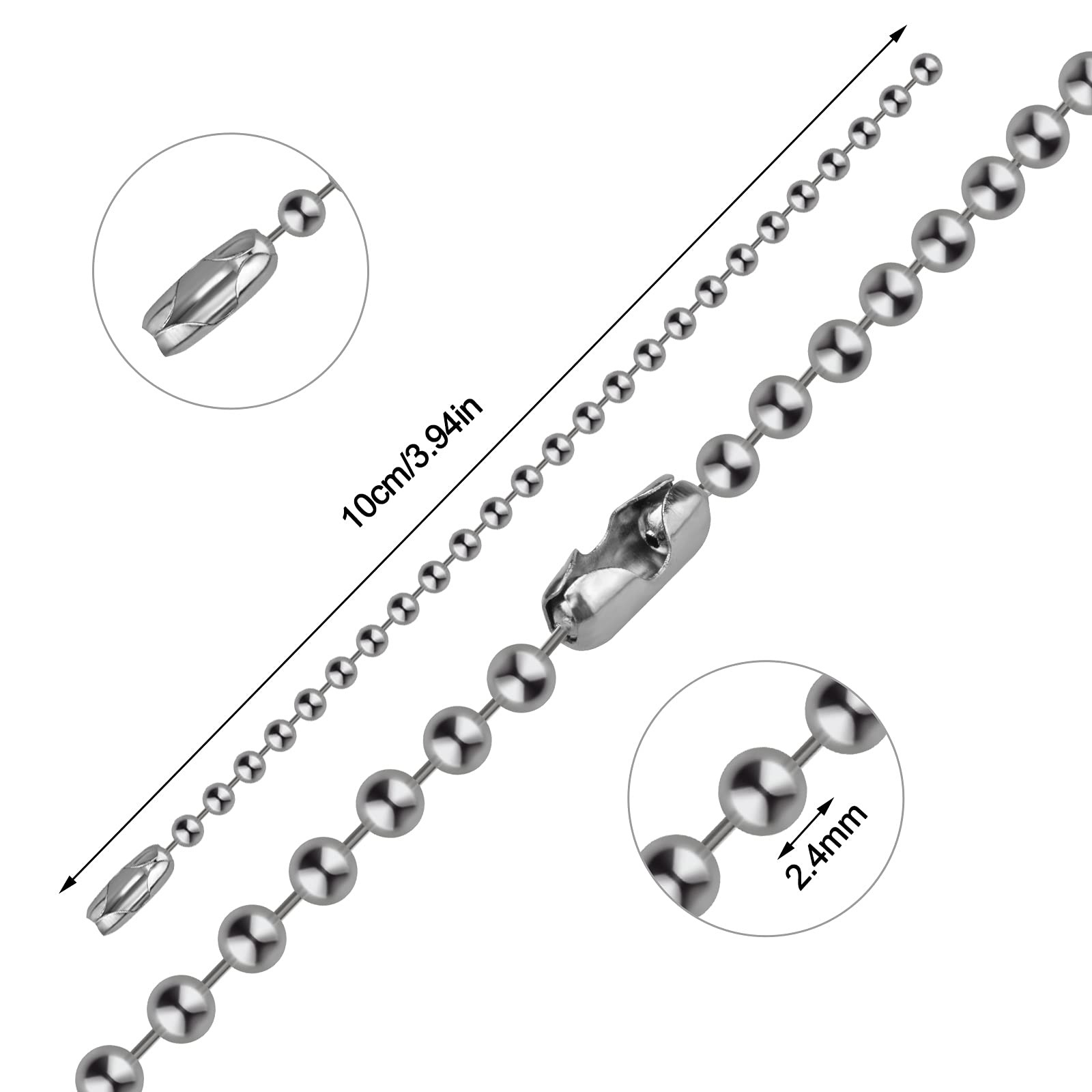 100Pcs Ball Bead Chains 4 Inch, Adjustable Metal Chains 2.4Mm, with Connectors –