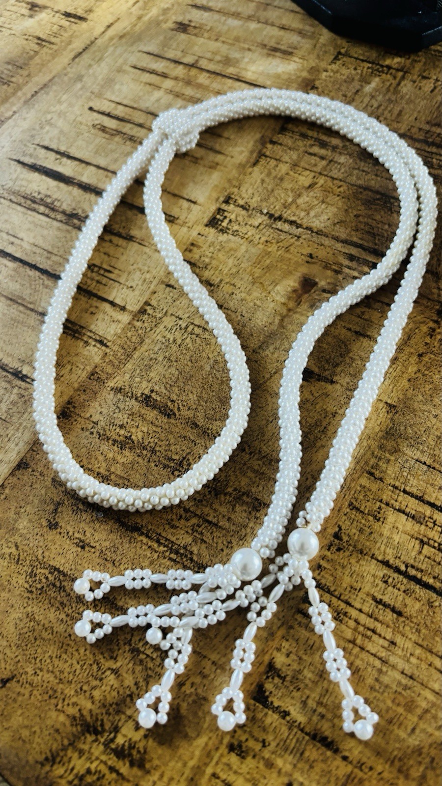 Faux Seed Pearl Lariat Necklace Woven Slider Tassel Flapper Boho VTG