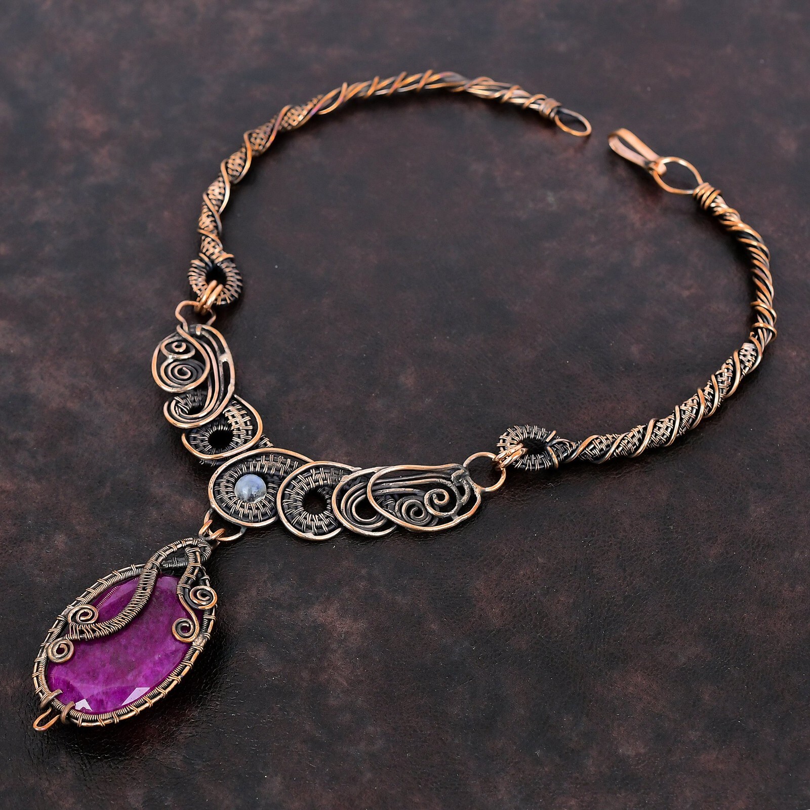 Wire Wrapped Necklace Designer Gemstone Jewelry Handcrafted Copper Holiday 18.0″
