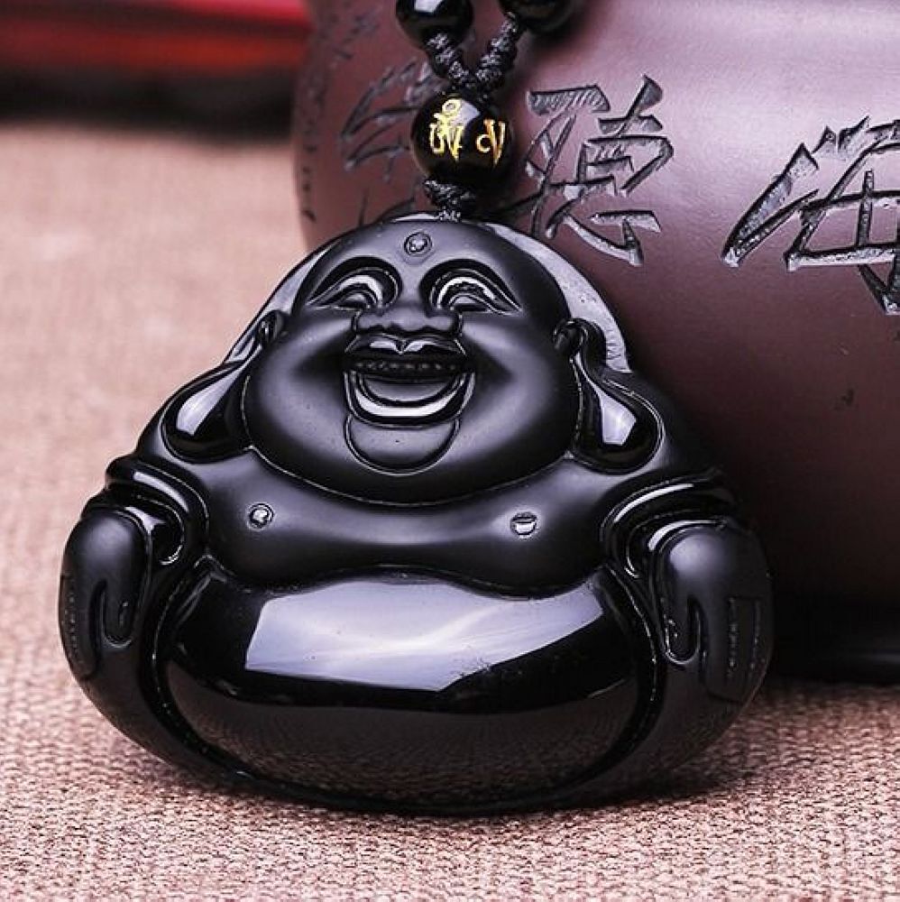 Crystal Natural black obsidian big belly buddha necklace pendant with bead chain