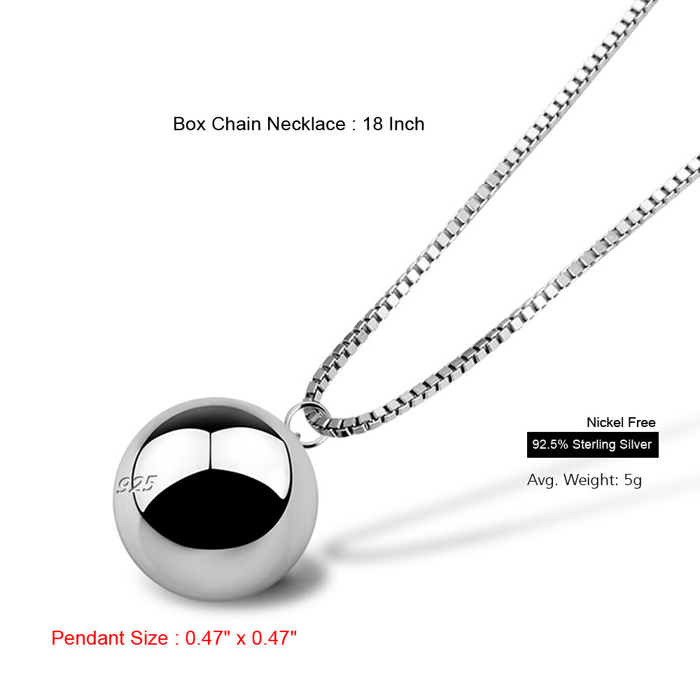 925 Sterling Silver Strong Box Chain Necklace Ball Bead Pendant for Women Girl
