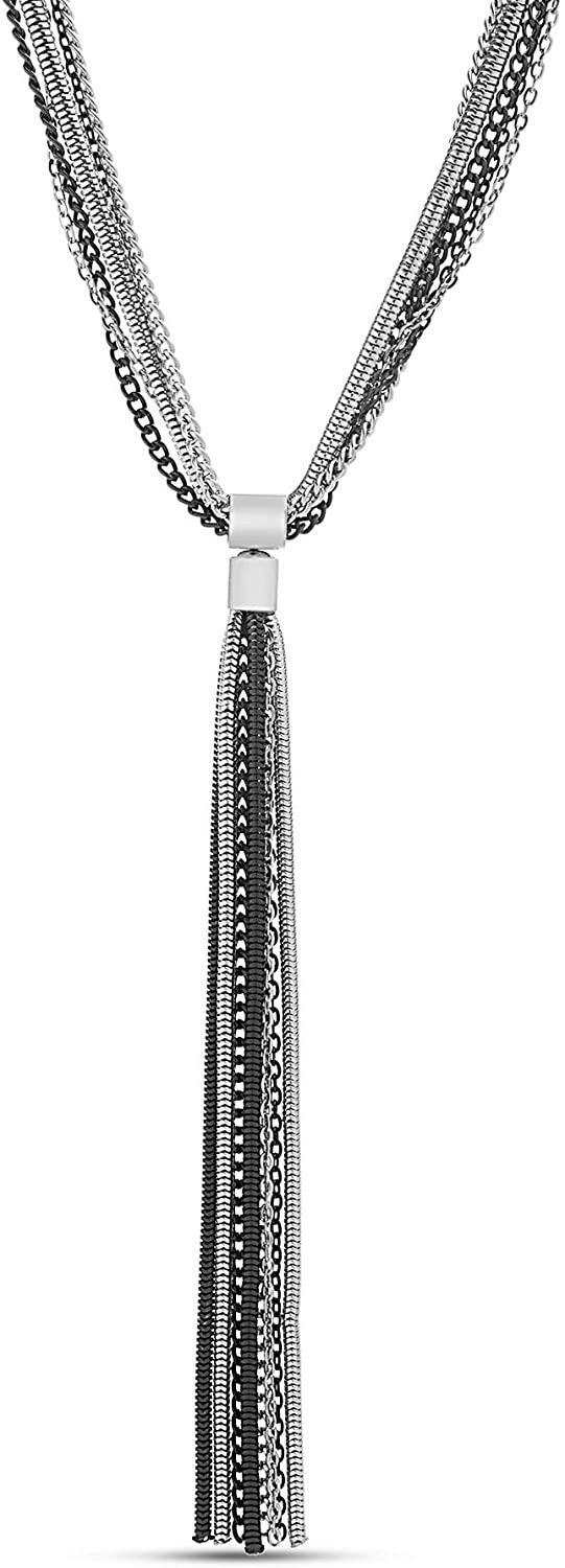 Steve Madden 275306 27 Inch Black Gunmetal Tone Curb Chain Tassel Necklace Women