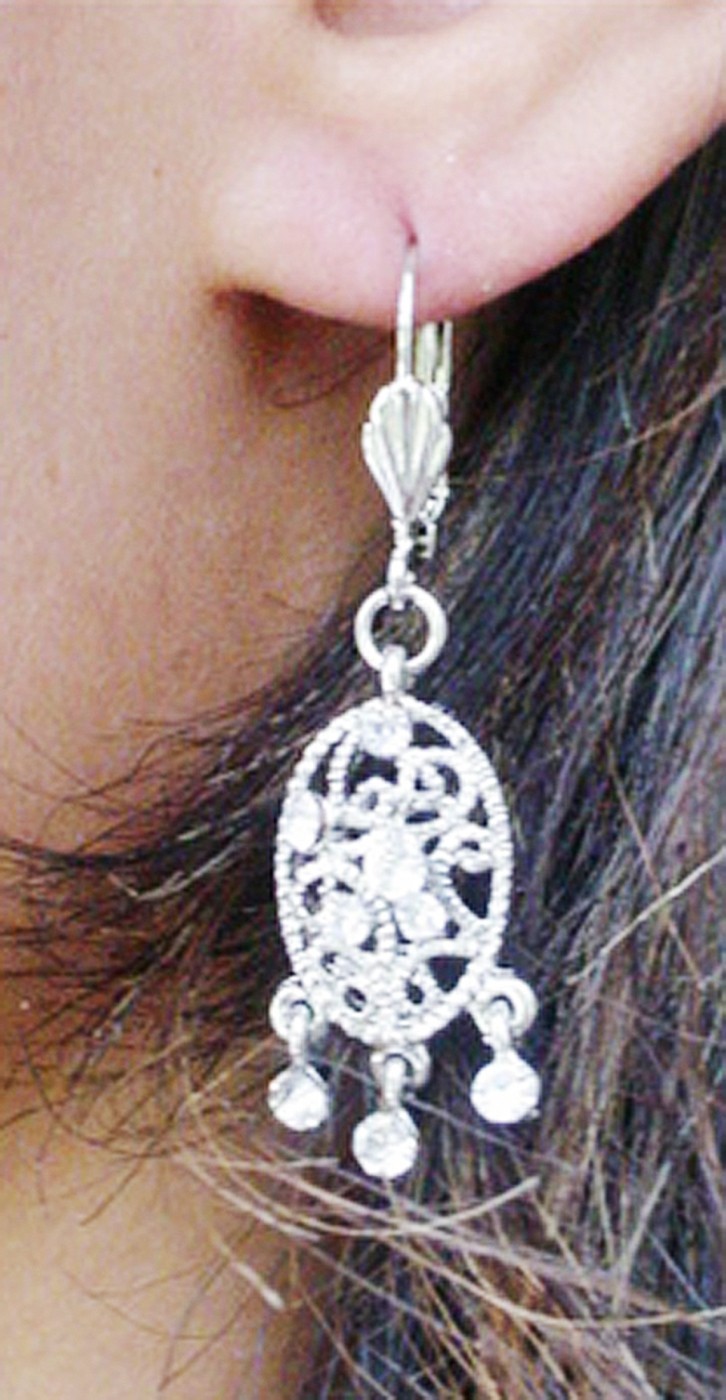 DESIGNER INSPIRED 2 in CLEAR CRYSTAL SILVER TONE FILIGREE LEVER BACK EARRINGS