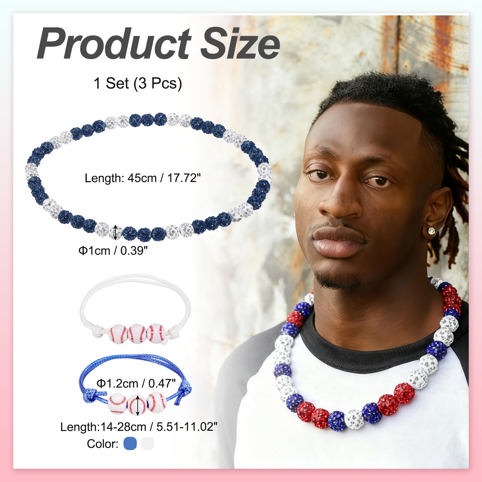 3Pcs, Baseball Necklace 18″ Bling Beaded Chain Bracelet Dark Blue