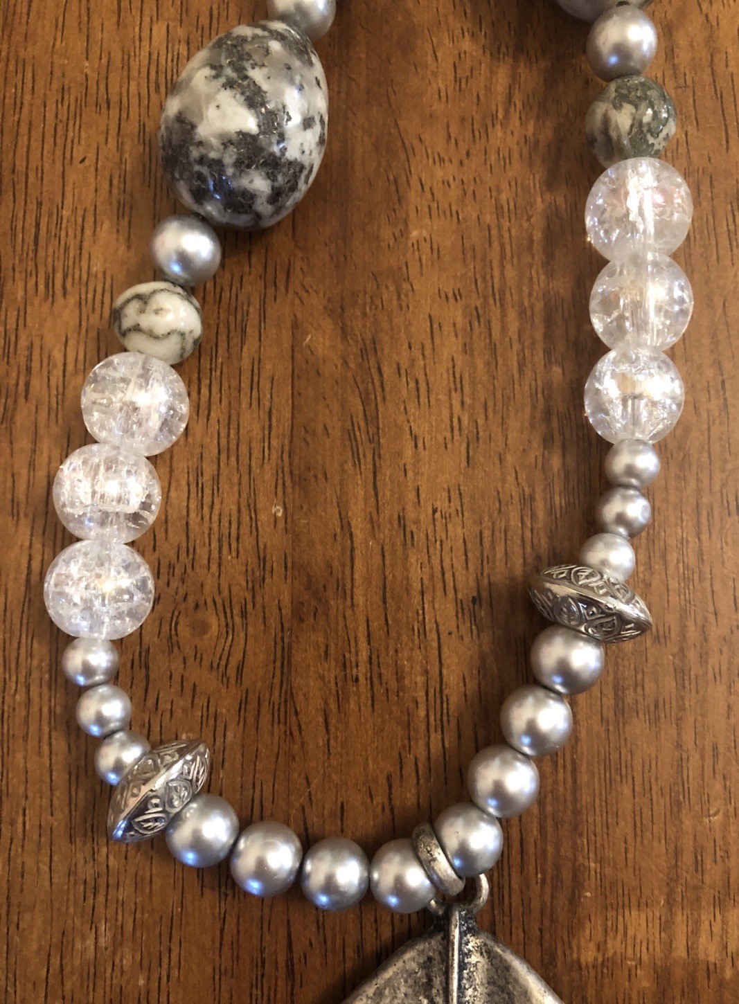 Heavy Mixed Beaded Necklace Rustic Silver Tone Pendant 23.5 In (T1)
