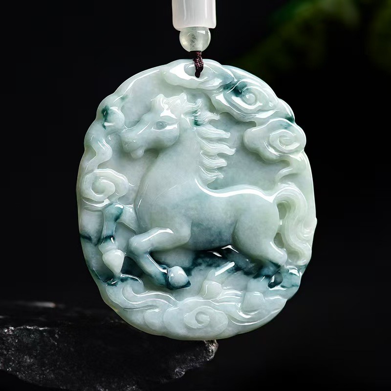 Real Grade A 100% Natural Jade Jadeite Zodiac Horse Pendant Necklace 54*49mm