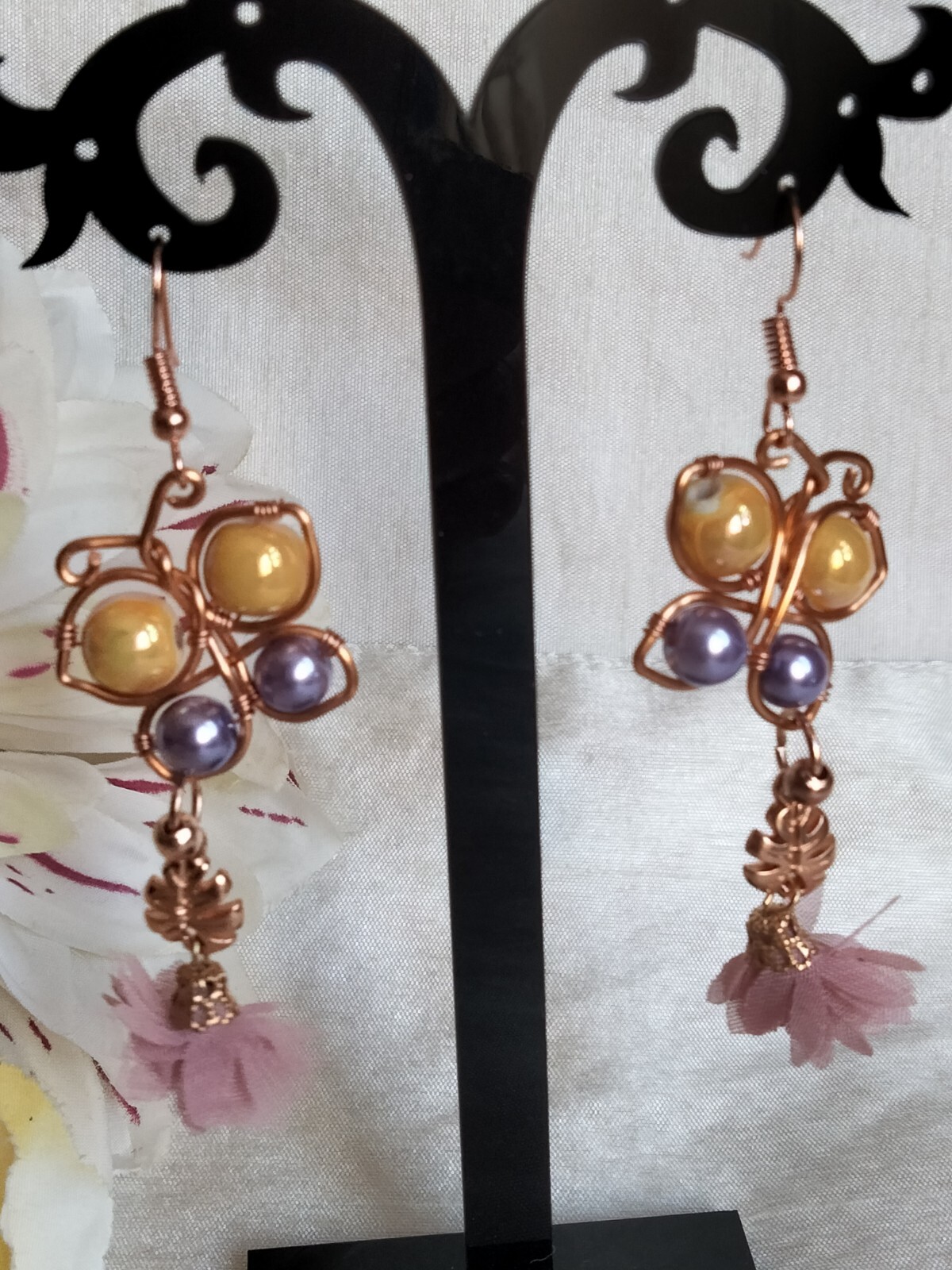 Unique Rose Gold on Copper Butterfly Earrings With Ceramic & Glass Beads