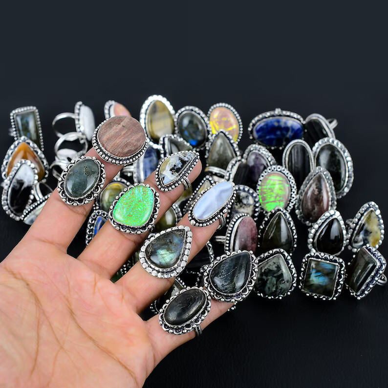 Multi Gemstone 925 Sterling Silver Plated Wholesale Bohemian Rings Lot ~
