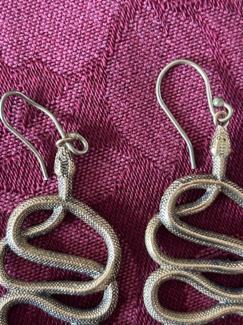 2 Pair Dangling Snake Earrings: Gold Color Metal Rhinestone & Mythology Tribal