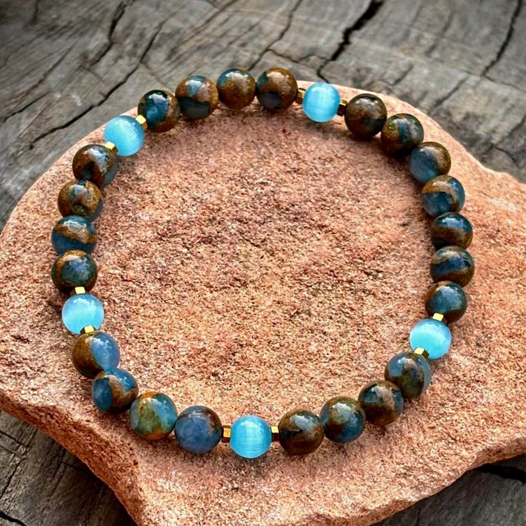 Blue & Brown Round Stone Beaded Stretch Bracelet, Blue/Brown Stone Beads