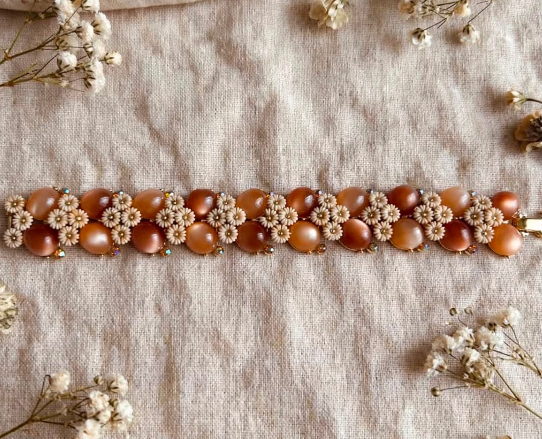 Vintage Style Floral Beaded Bracelet Peach Brown Cabochons Cream Flower Accents