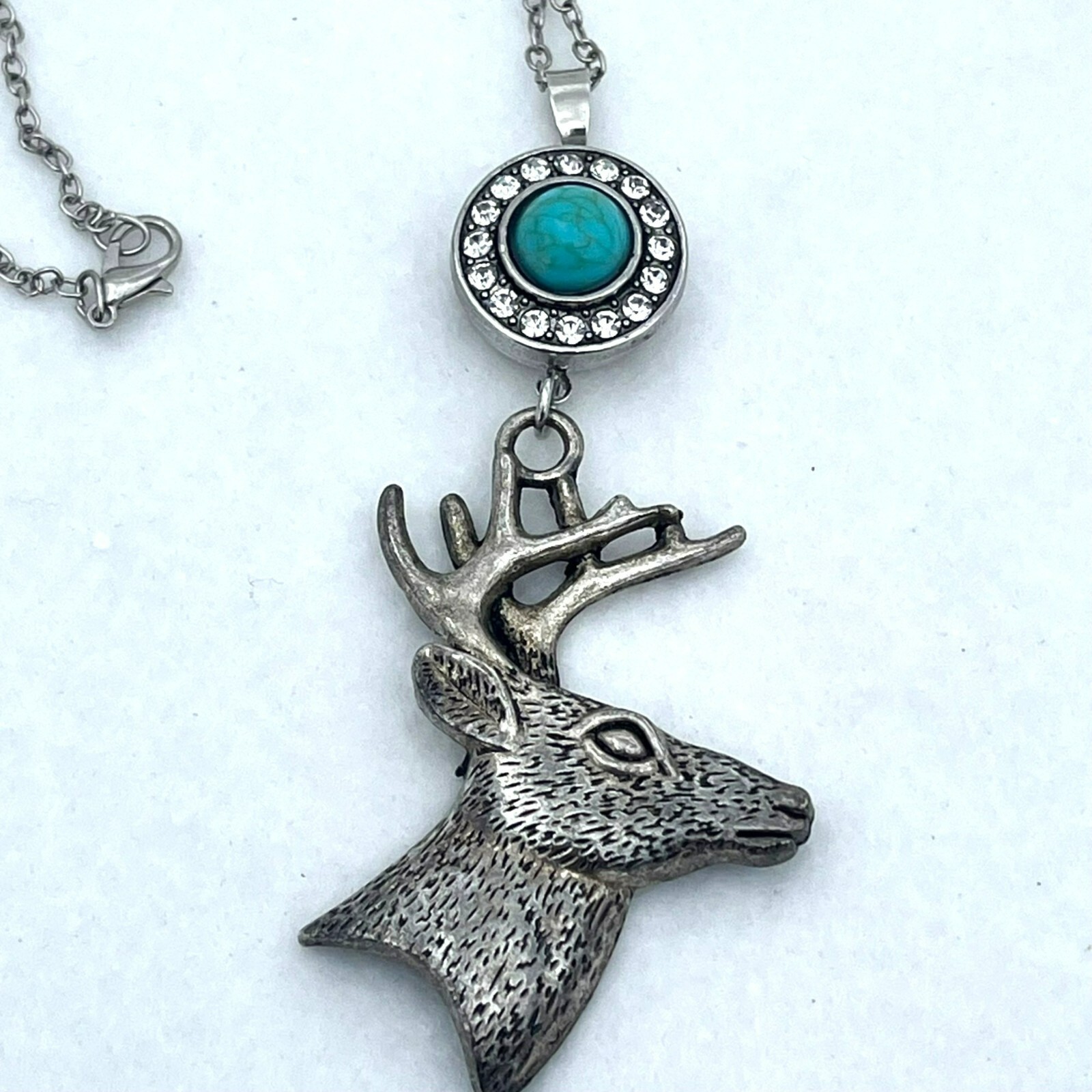 Deer Stag Head Pendant Faux Turquoise Rhinestone Antiqued Silver Tone Necklace