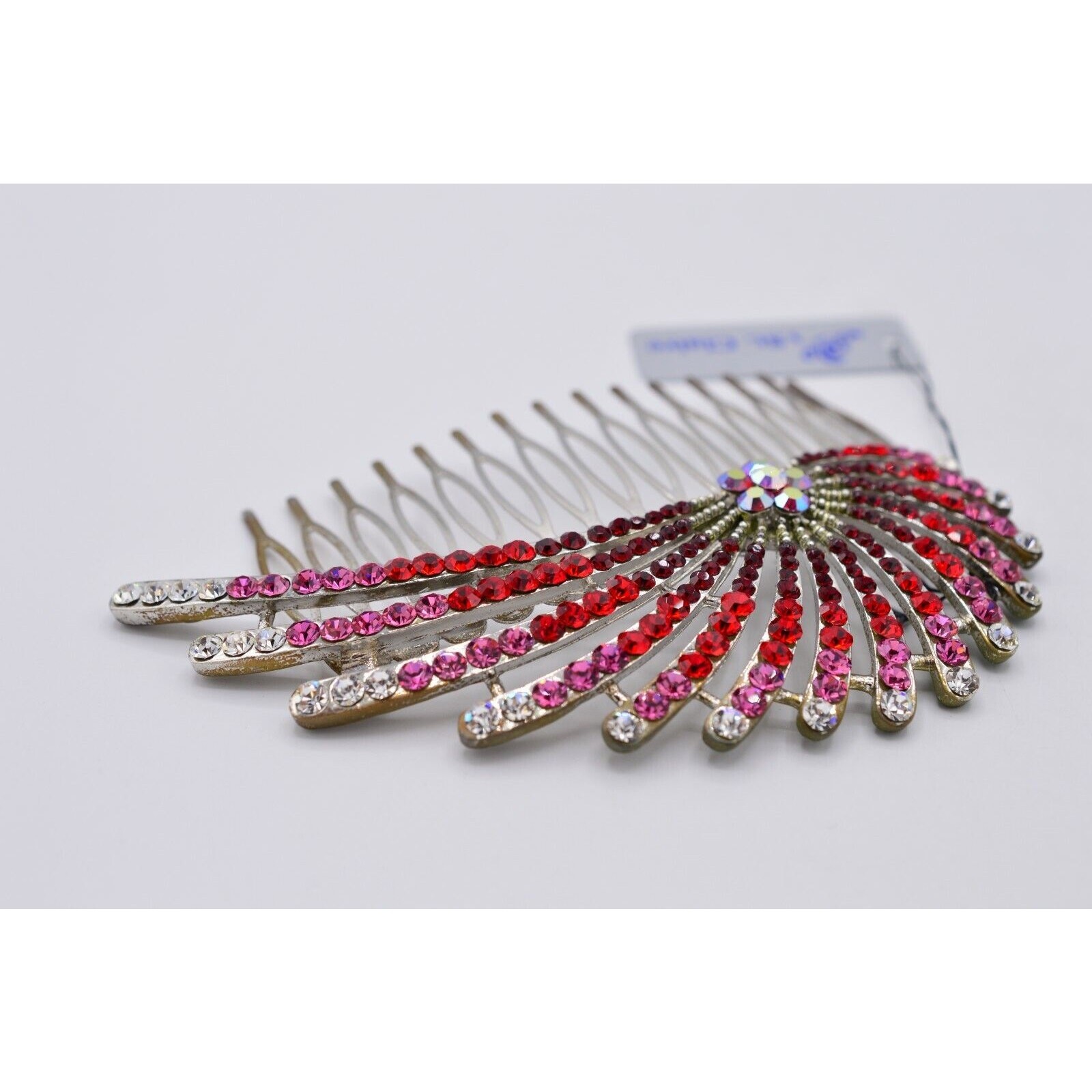 St. Clair Vintage Red Rhinestone Crystal Hair Pin Comb Aurora Borealis Pink