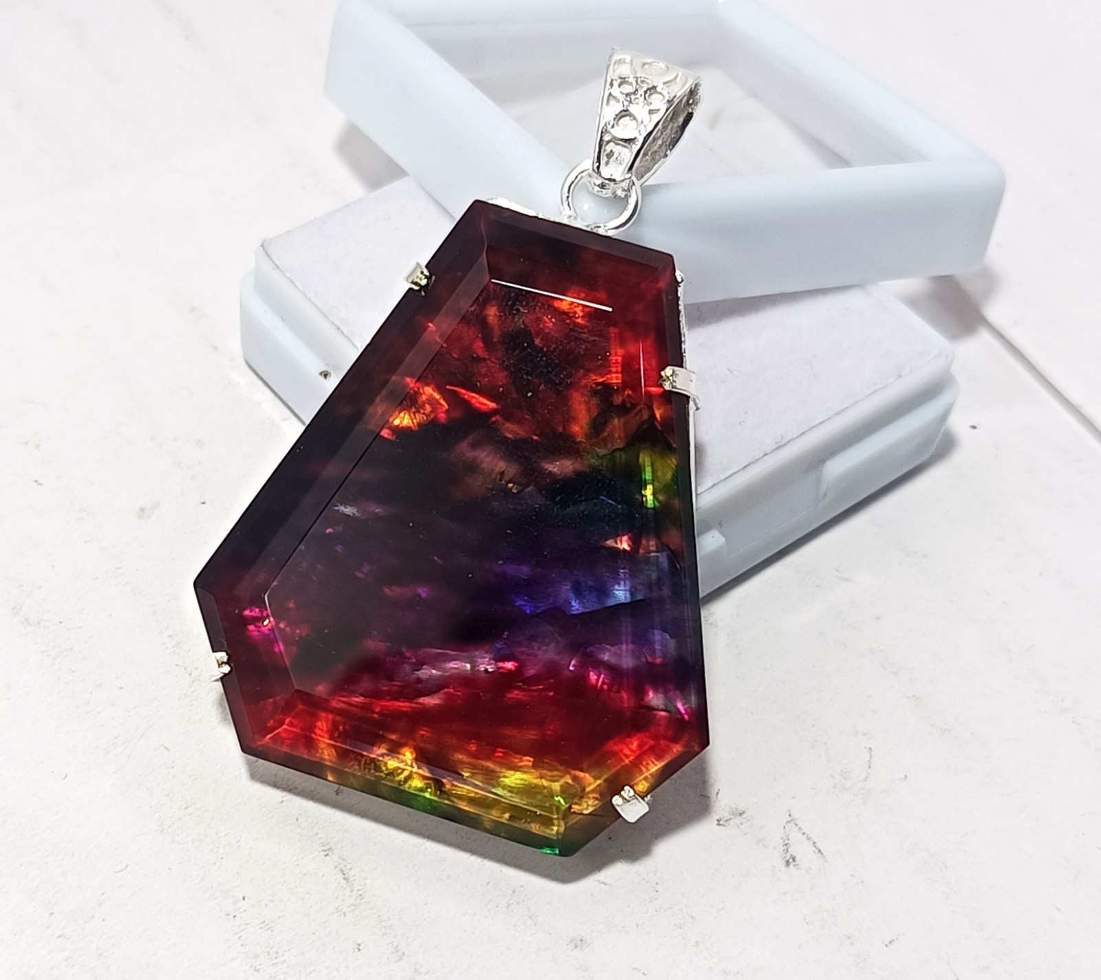 Certified 97.40 Ct Natural Ammolite 925 Solid Silver Rainbow Pendant Gemstone