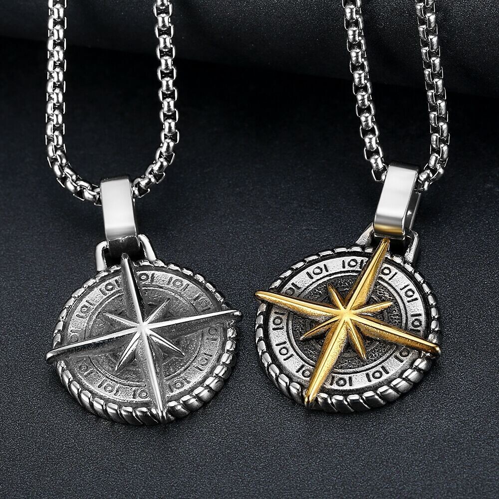 Men’s Silver North Star Compass Pendant Necklace Protection Jewelry Chain 24″