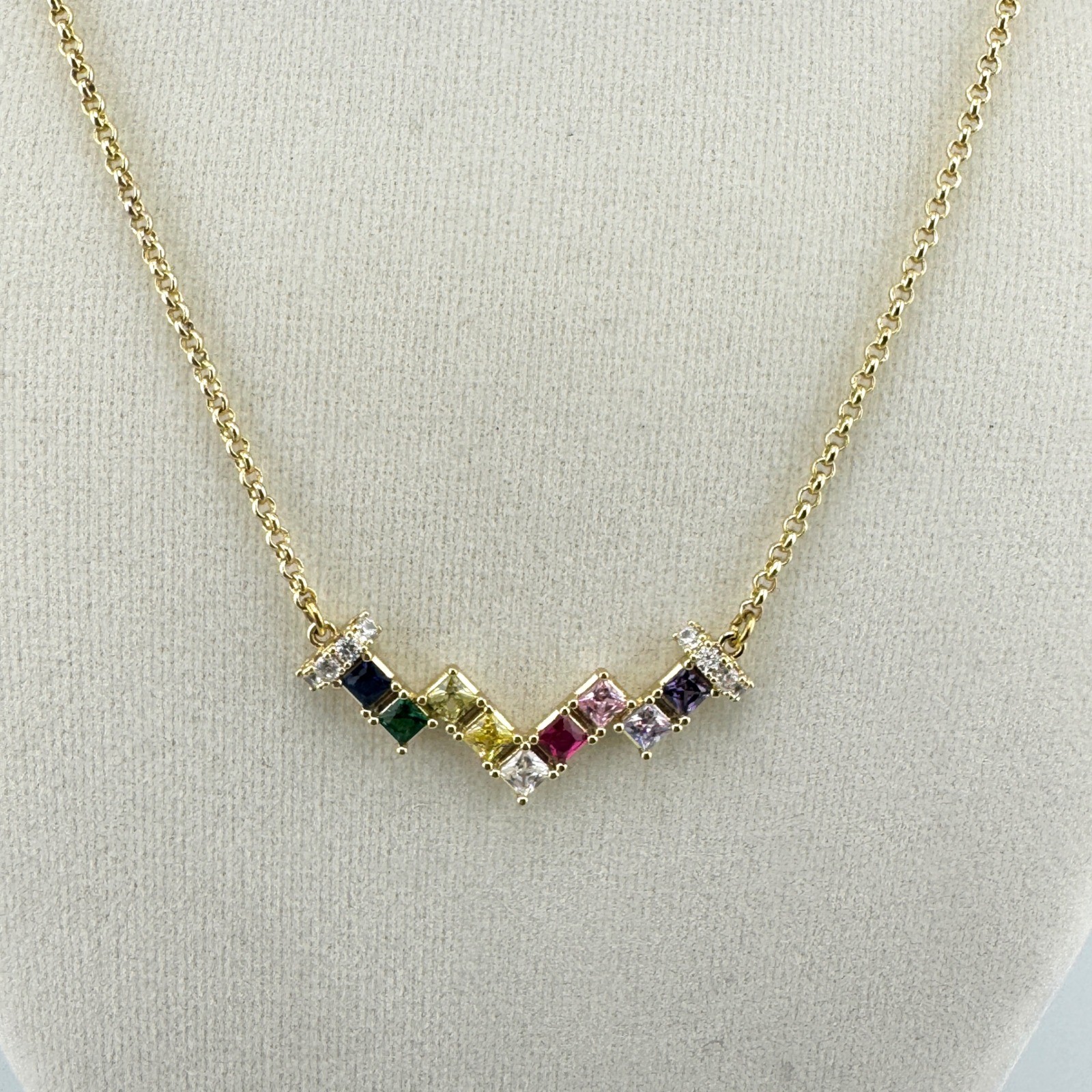 Gold Tone Rainbow Crystal Chevron Pendant Necklace Multi Color Princess Cut