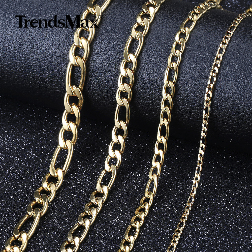 3/5/7/9mm Gold Plated Stainless Steel Figaro Link Chain Necklace Choker 16-30″