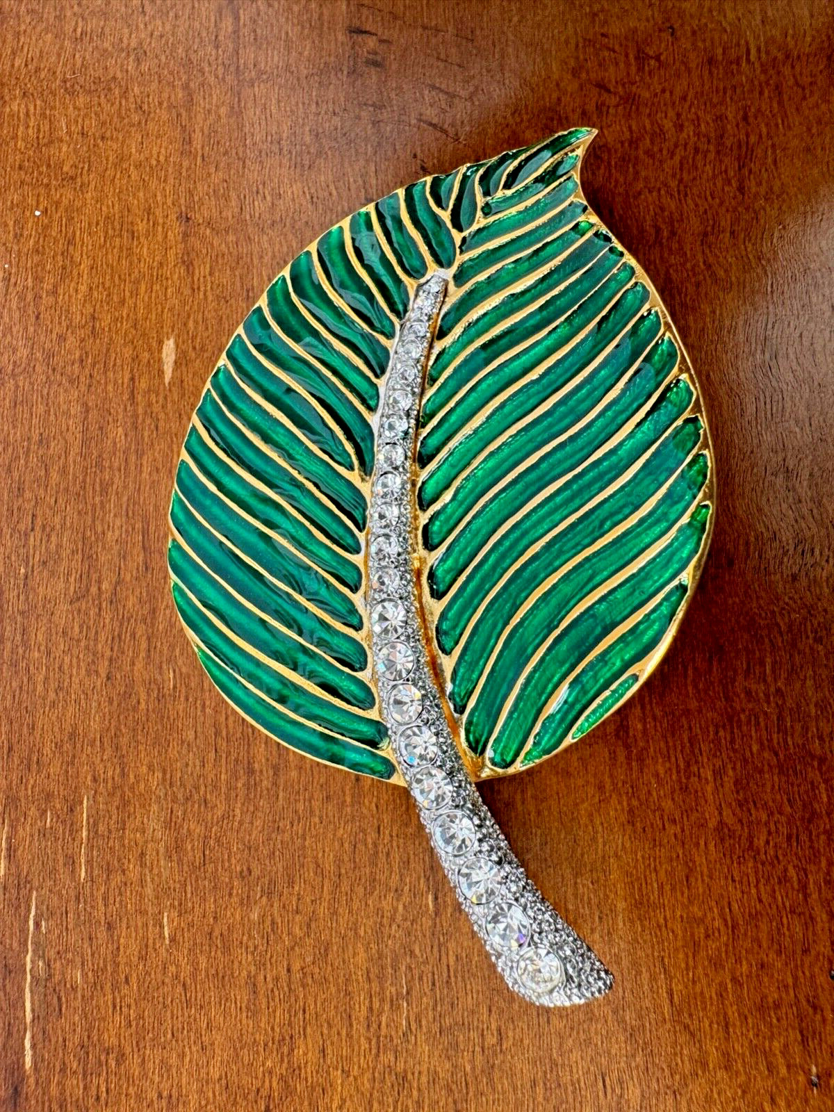 Kenneth Jay Lane Green Enamel Leaf Brooch Signed Rare New