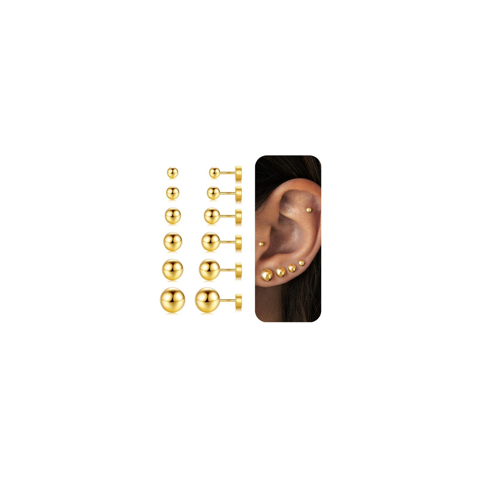 Yoosteel 6 Pairs 2mm, 3mm, 4mm, 5mm, 6mm, 8mm, Ball-14K-Gold-Plated