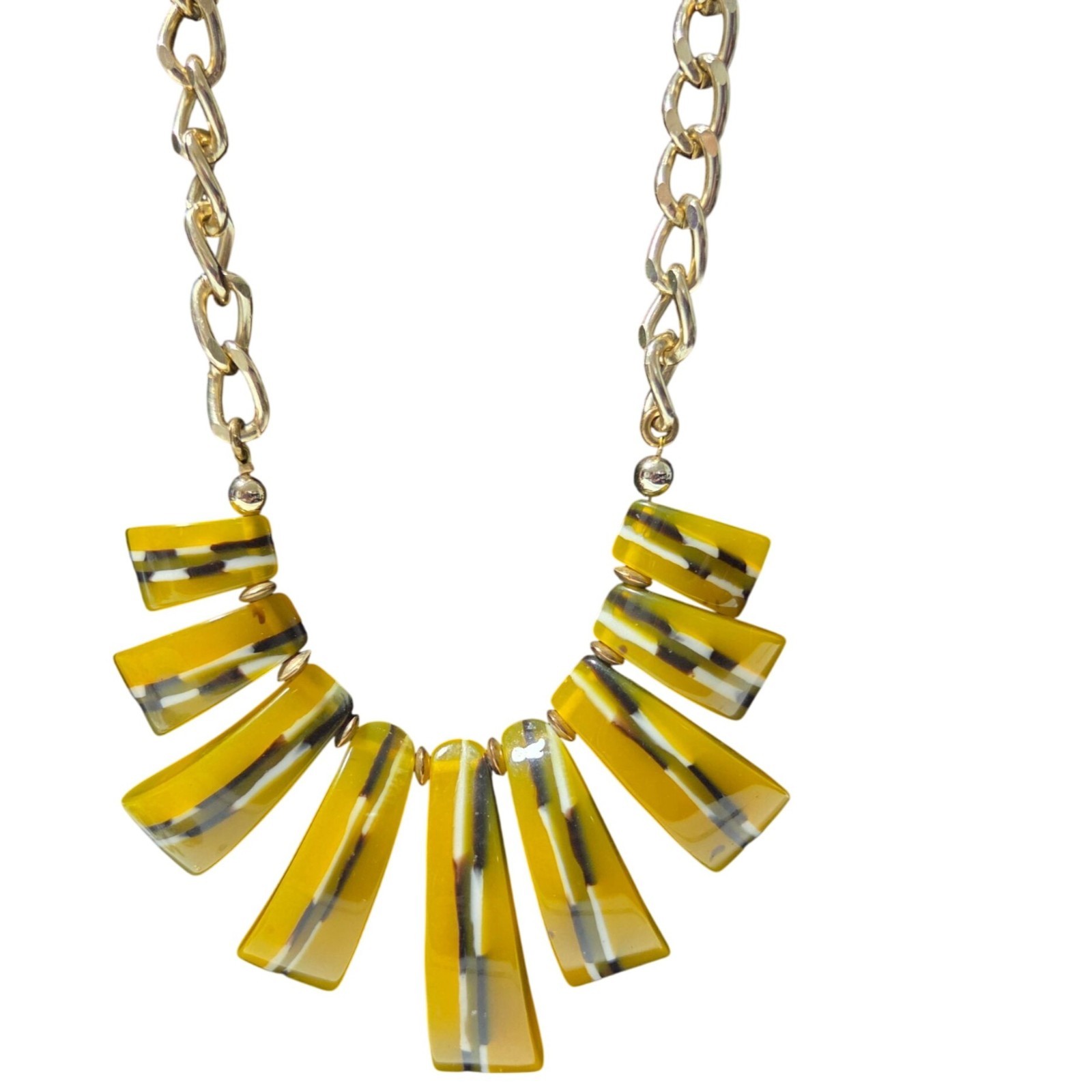 Tribal Acrylic Yellow Black Striped Statement Necklace Chunky Gold Tone Chain