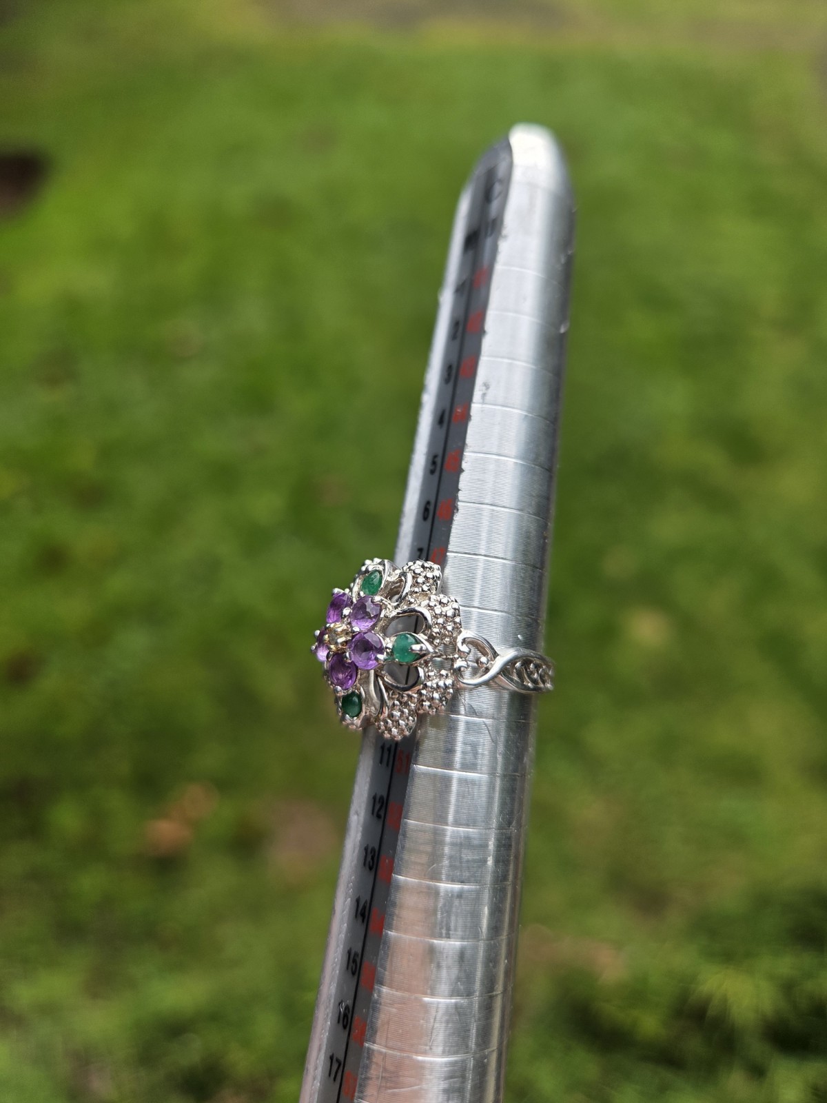Sterling Silver Flower Ring 925 Size 5 Emerald Ruby Cubic Zirconia Art Deco Styl