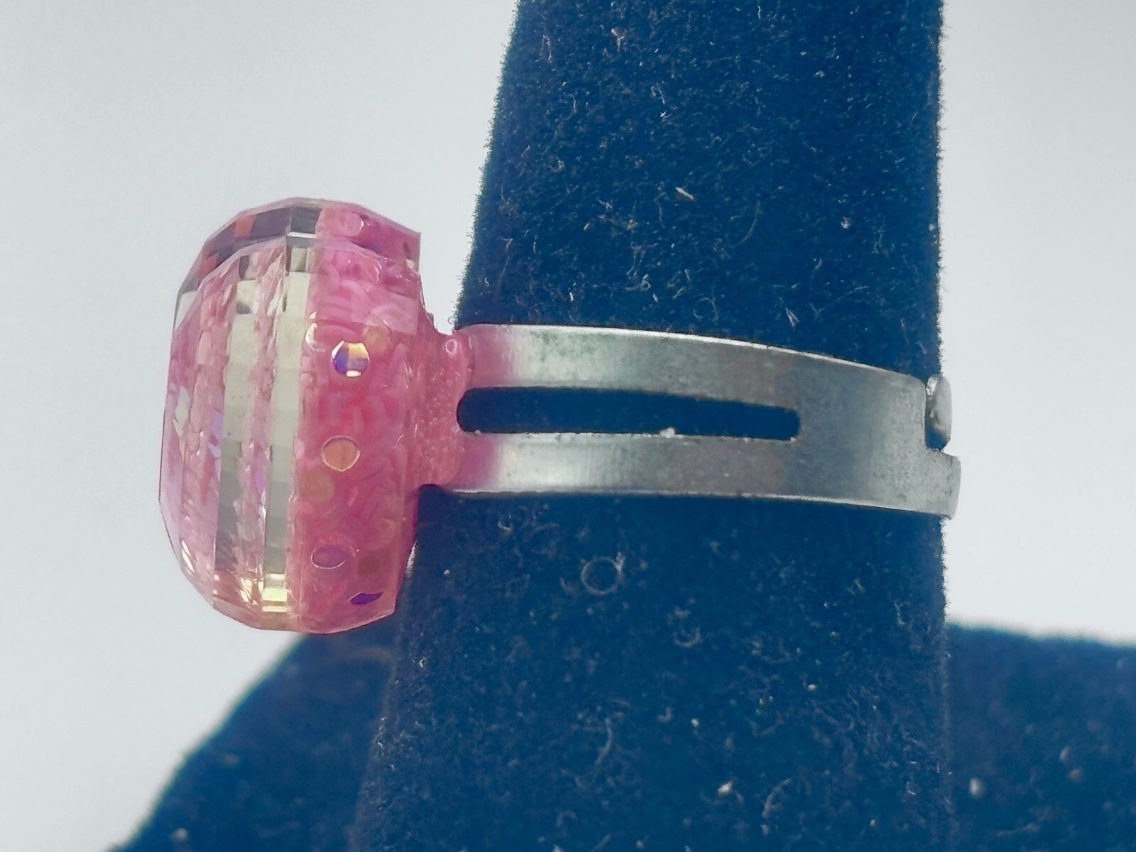 Pink Sparkly Reflective Plastic 3D Heart Ring Adjustable Size 5