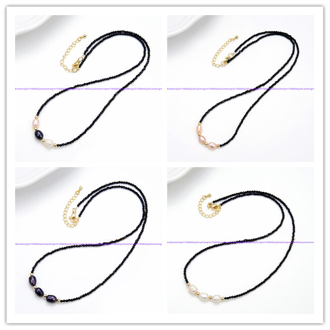 3mm Faceted Black Spinel 8-9mm White Pink Black Rice Pearl Necklace 18-28 Inch