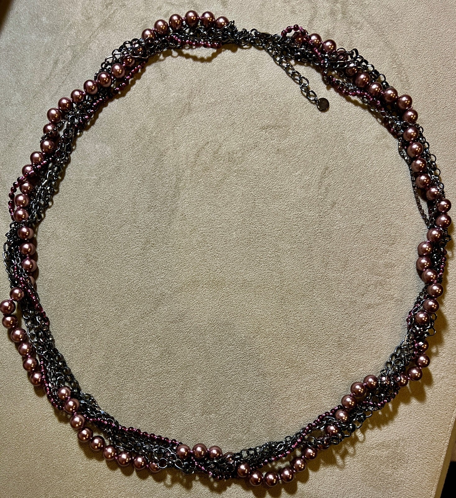 Talbots 6-strand, glass bead, metal, rhinestone, black purple necklace, 36″ + 4″
