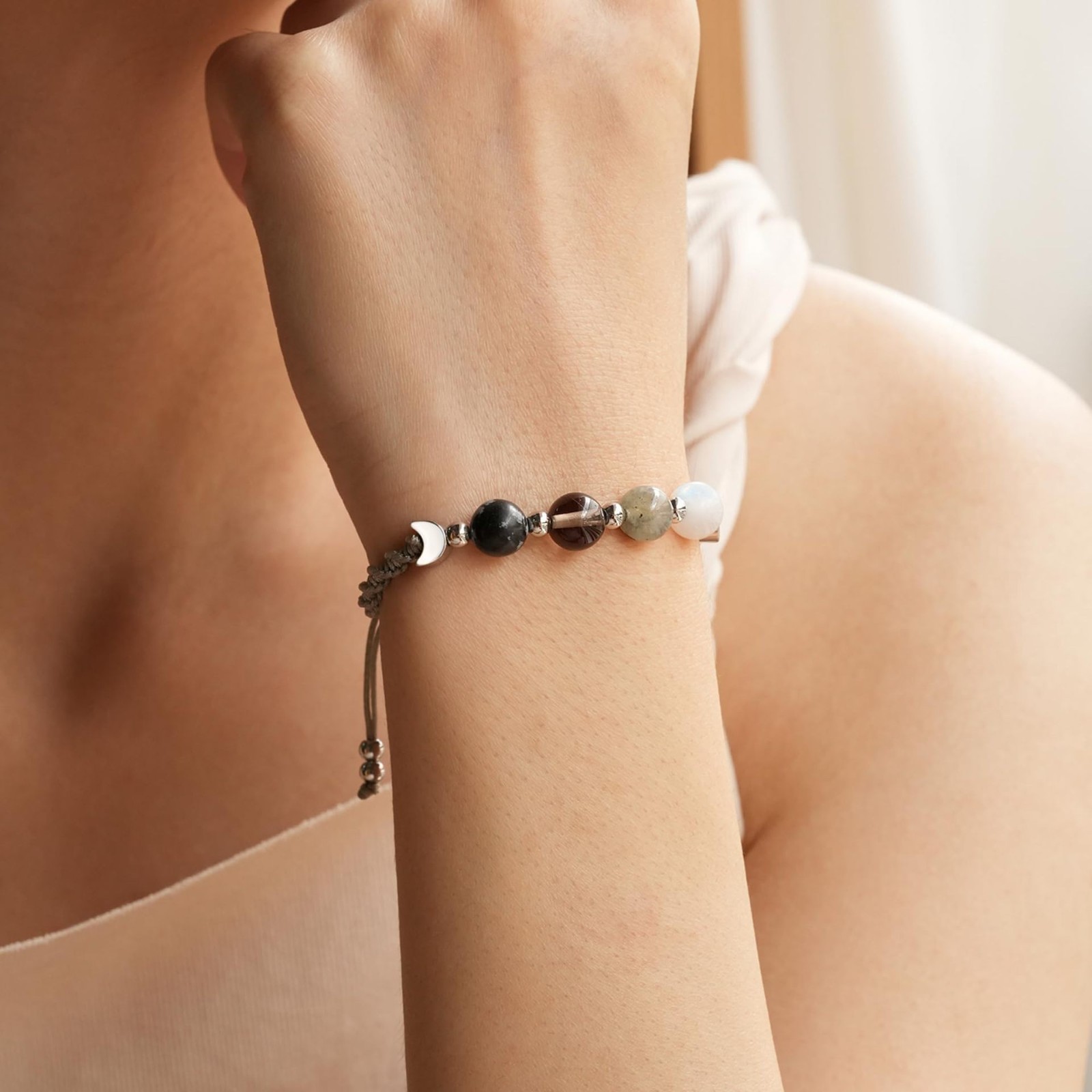 Moon Phase Crystal Bracelet Smoky Quartz Labradorite Obsidian Braided Rope Gift