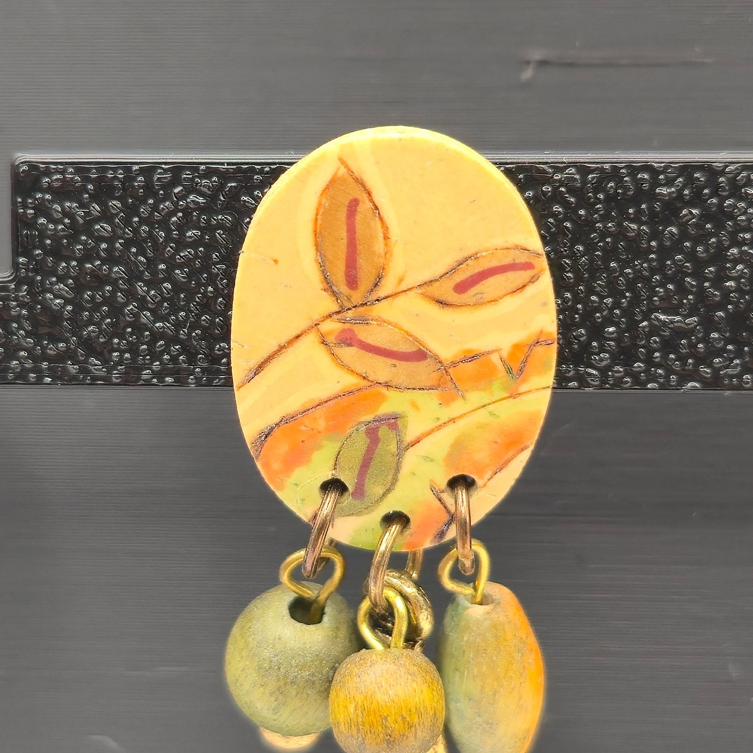 Handcrafted Boho Dangle Drop Earrings Wood Beads Gold Tone Charms 1 5/8 in