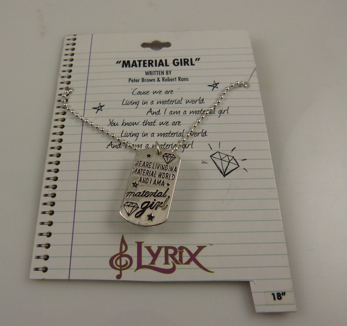 Material girl Necklace bling lyrics on charm 18 in dog tag silver tone