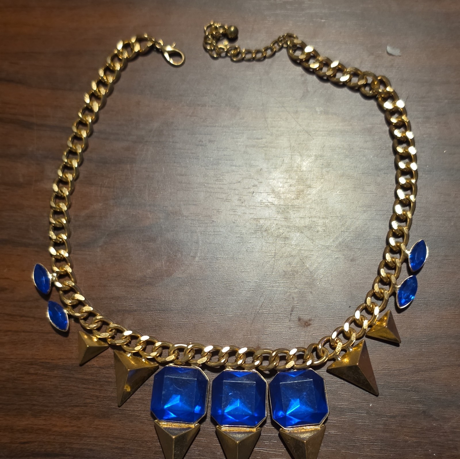 Gold Tone Curb Link Chain Necklace Blue Octagon Crystal Spike Dangles Adj 21in