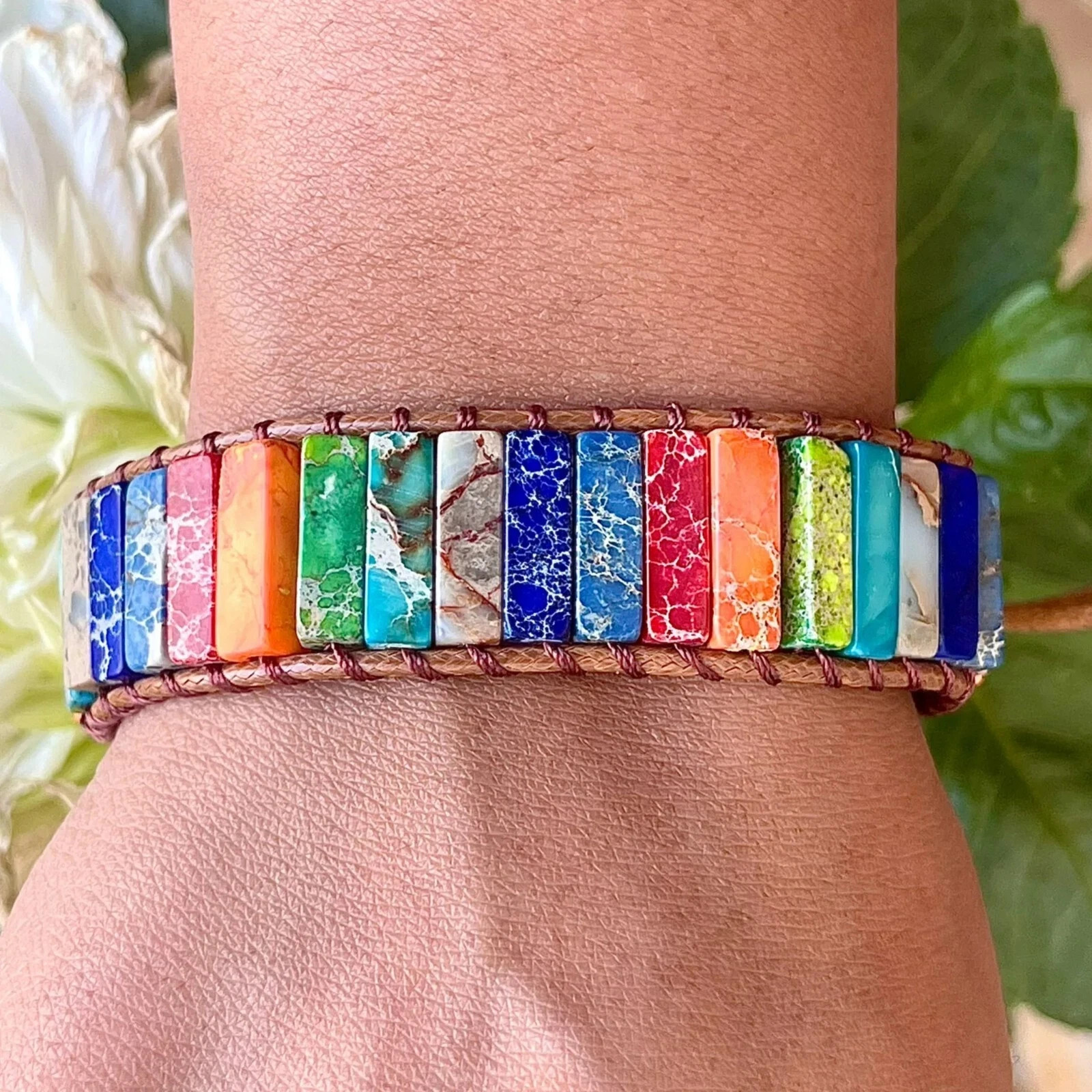 Rainbow Jasper 7 Chakra Crystal Bracelet Leather Healing Stone Bracelet Gift