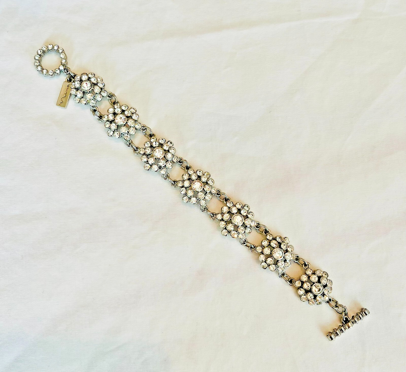 Nina Ricci Flower Station Rhinestone Chain Toggle Bracelet 7 inches