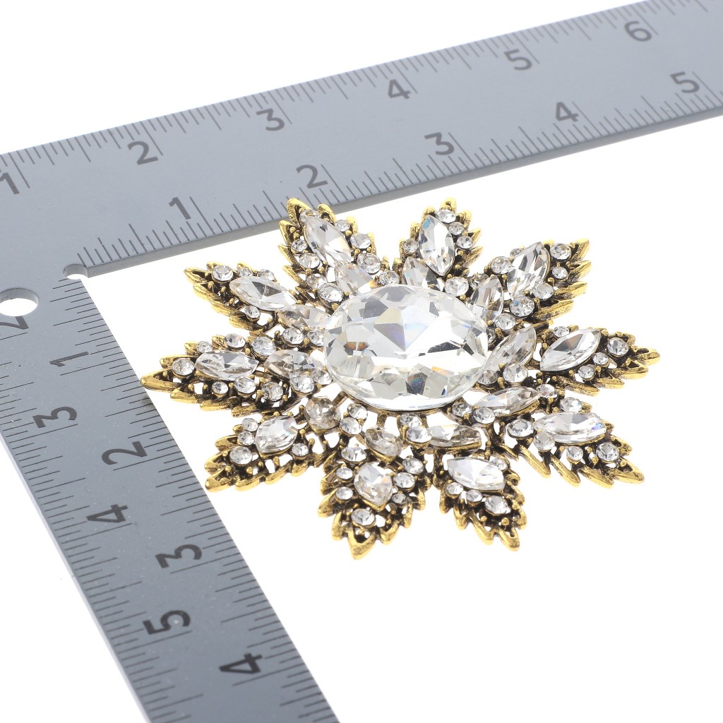 Antique Gold Alloy Metal Large Crystal Rhinestone Flower Brooch P1611-GCL