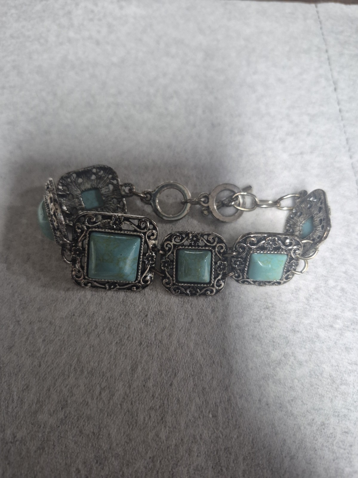Vtg. Silver Tone Metal Link Statement Bracelet 6 Square Blue Bezel Stones Toggle