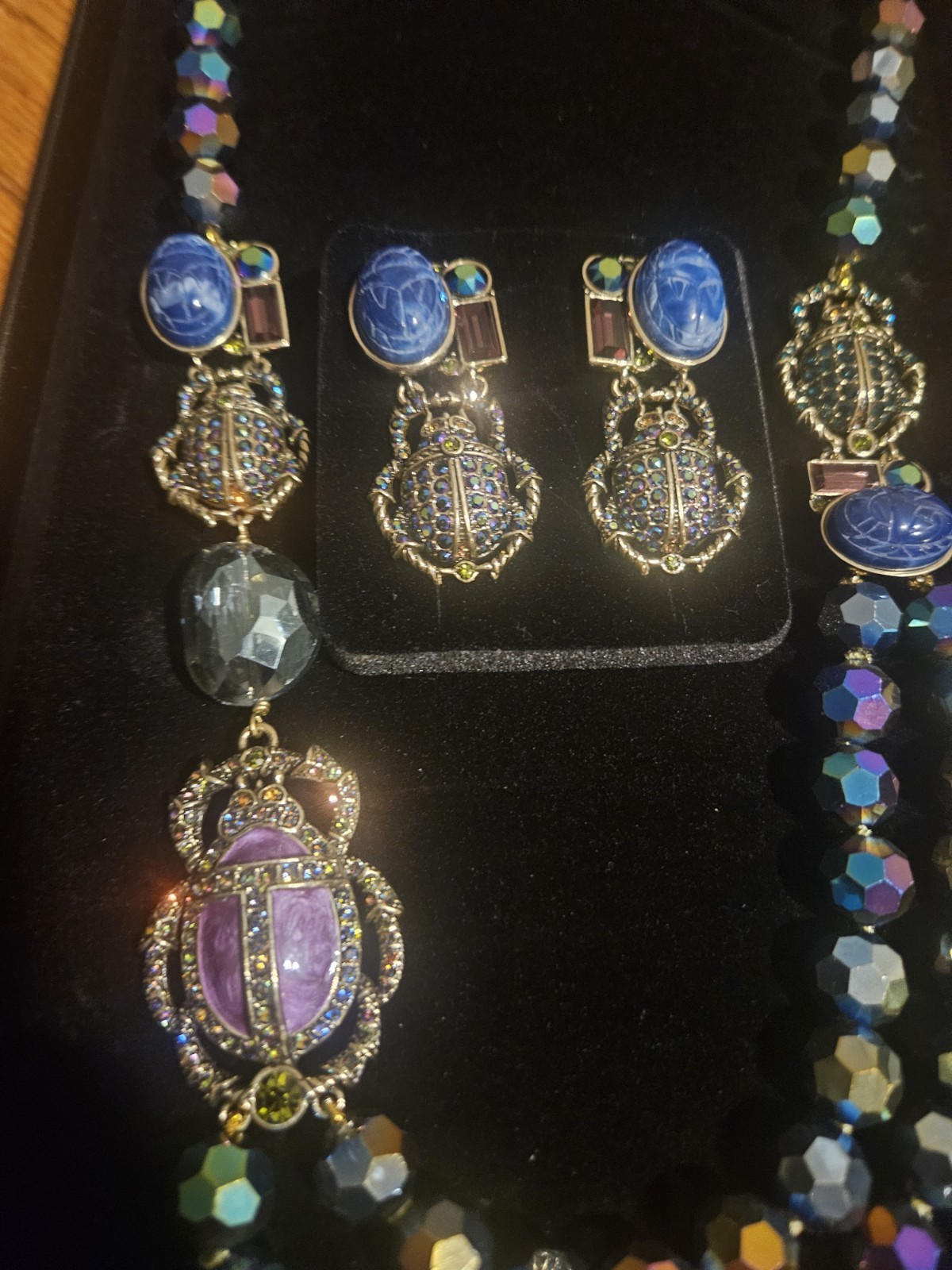 Heidi Daus Scarab Beetle Necklace Earrings Crystal Egyptian Revival Very Rare