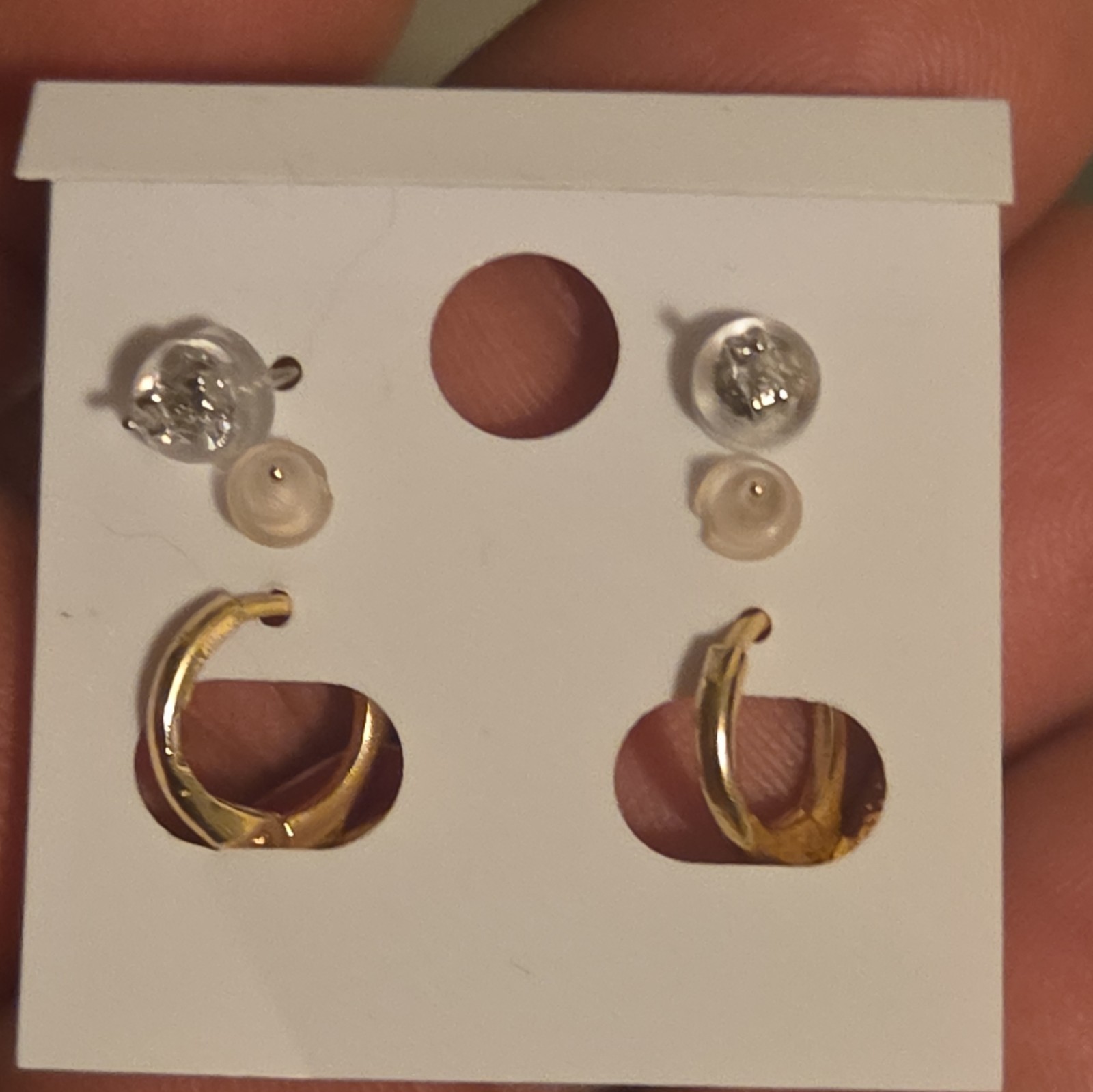 3 Pairs Earrings, 10k Cz Studs, 925 Moissanite Studs, and Gold-filled Huggies