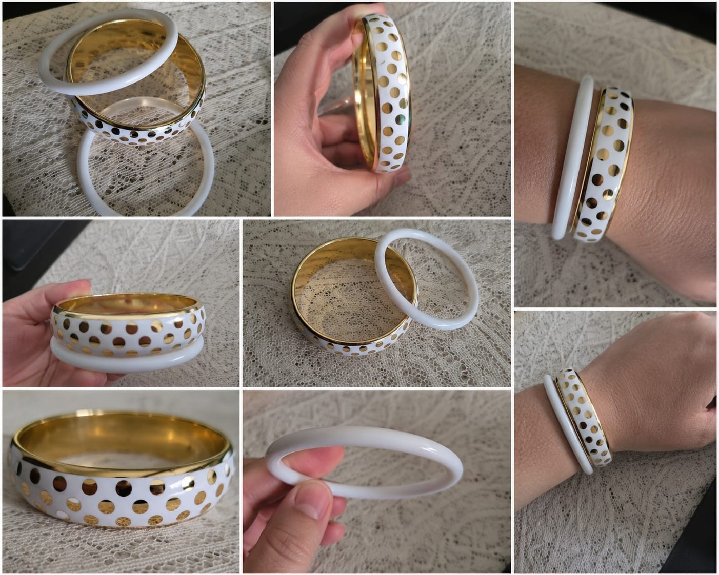A modern and elegant bracelet set consisting of three white bracelets with gold